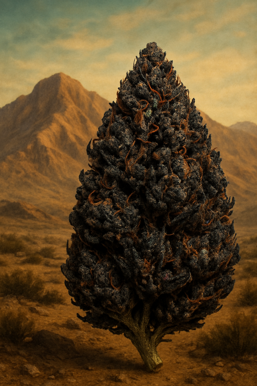 Afghani cannabis bud set against rugged Afghan mountains