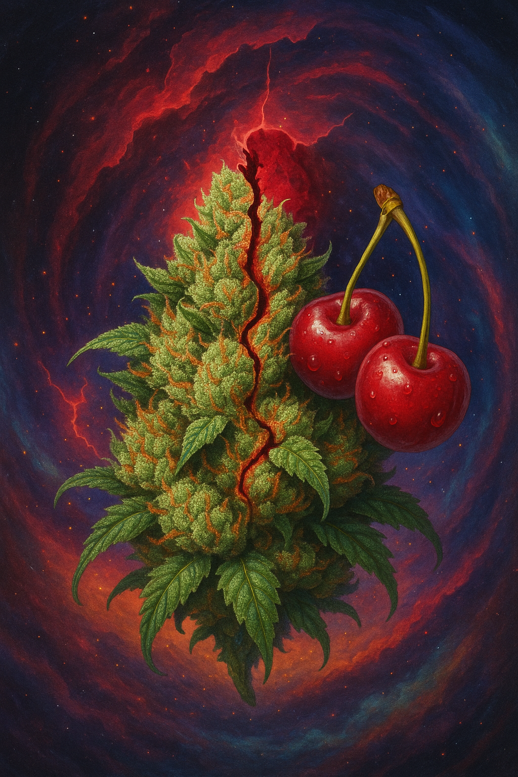 Cherry Splitter cannabis bud splitting open to reveal cherries