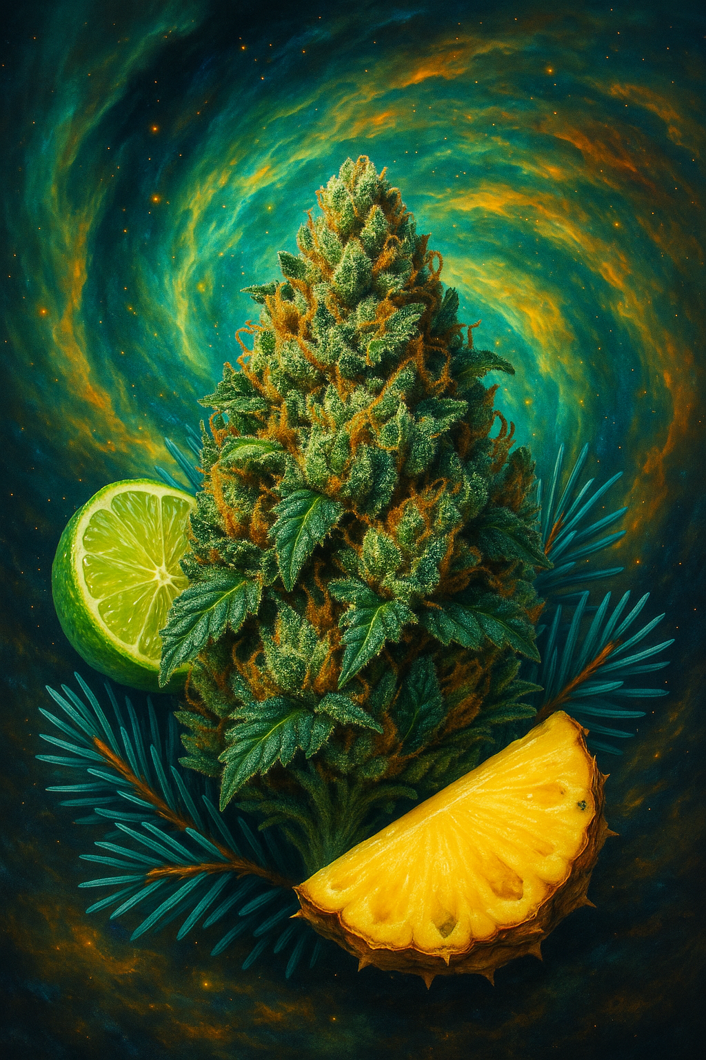 Old Mendo Haze cannabis bud with lime and pineapple slices and swirling haze