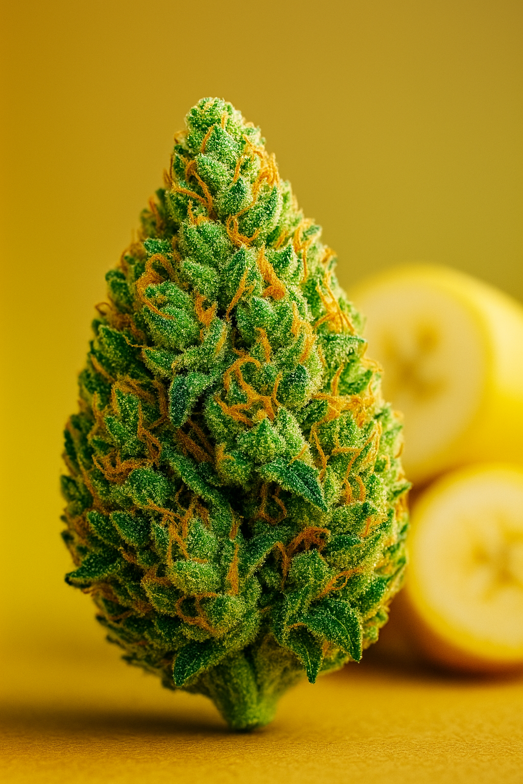 Space Queen cannabis bud with tropical fruits and cosmic backdrop