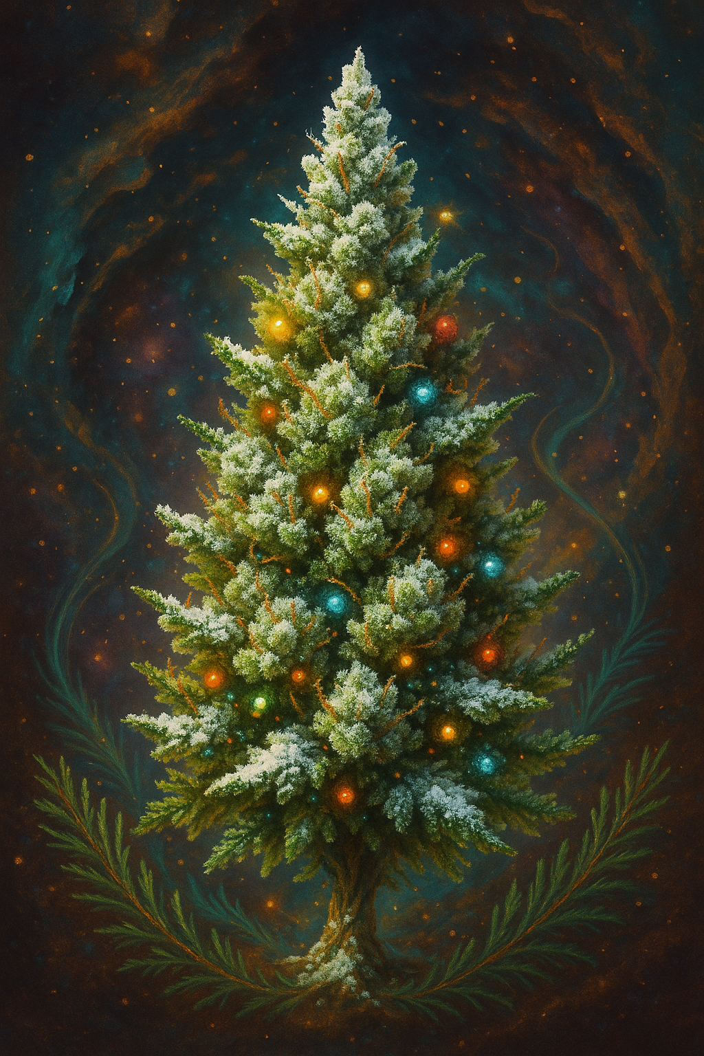 '79 Xmas Bud cannabis plant shaped like a Christmas tree decorated with lights